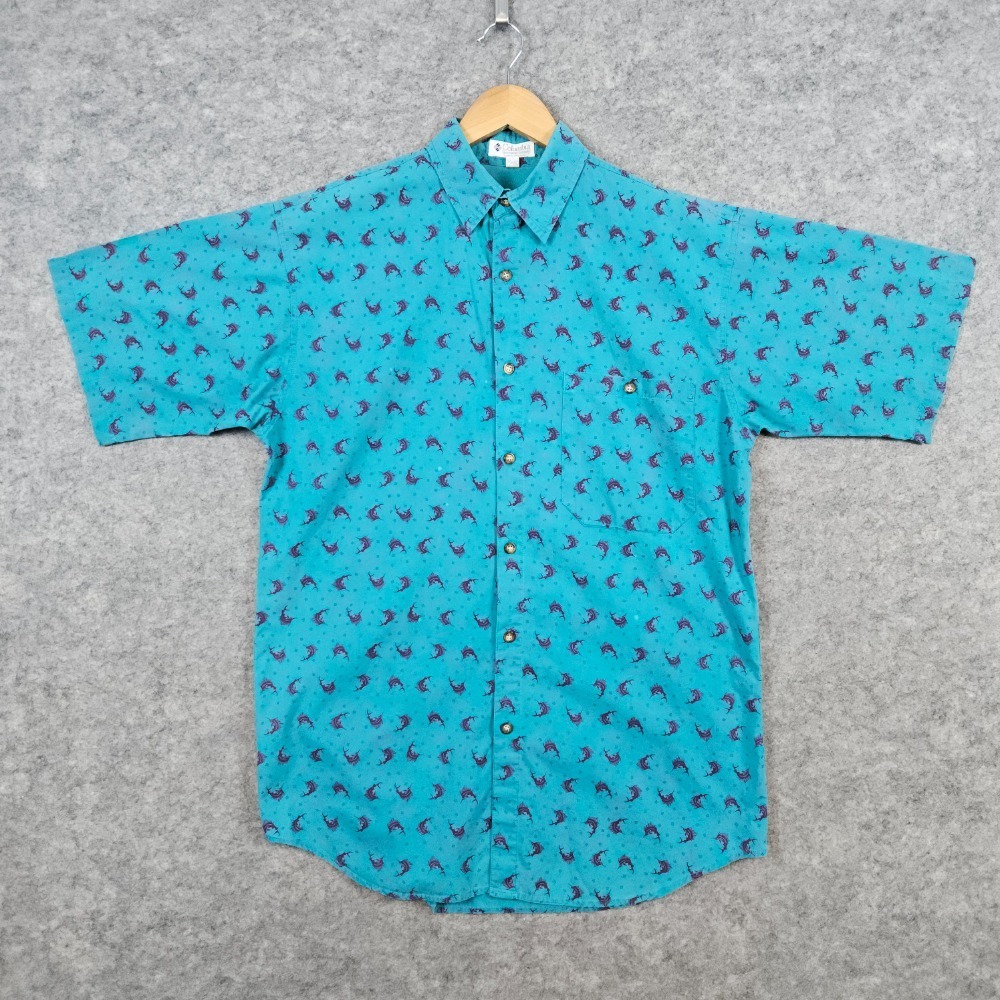 Columbia Men's Teal‎ Button Up Shirt Size M With Purple Fish 100% Cotton SPOTS